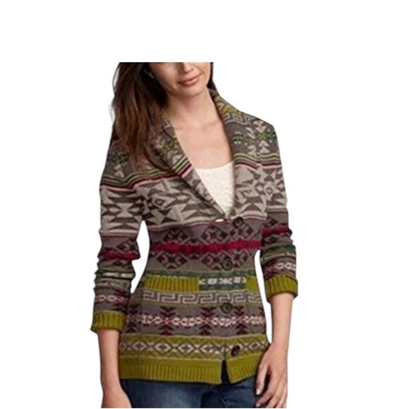Eddie Bauer Southwestern Print Button Front Cardigan Beige Size S Boho Fall Cozy - Picture 1 of 15